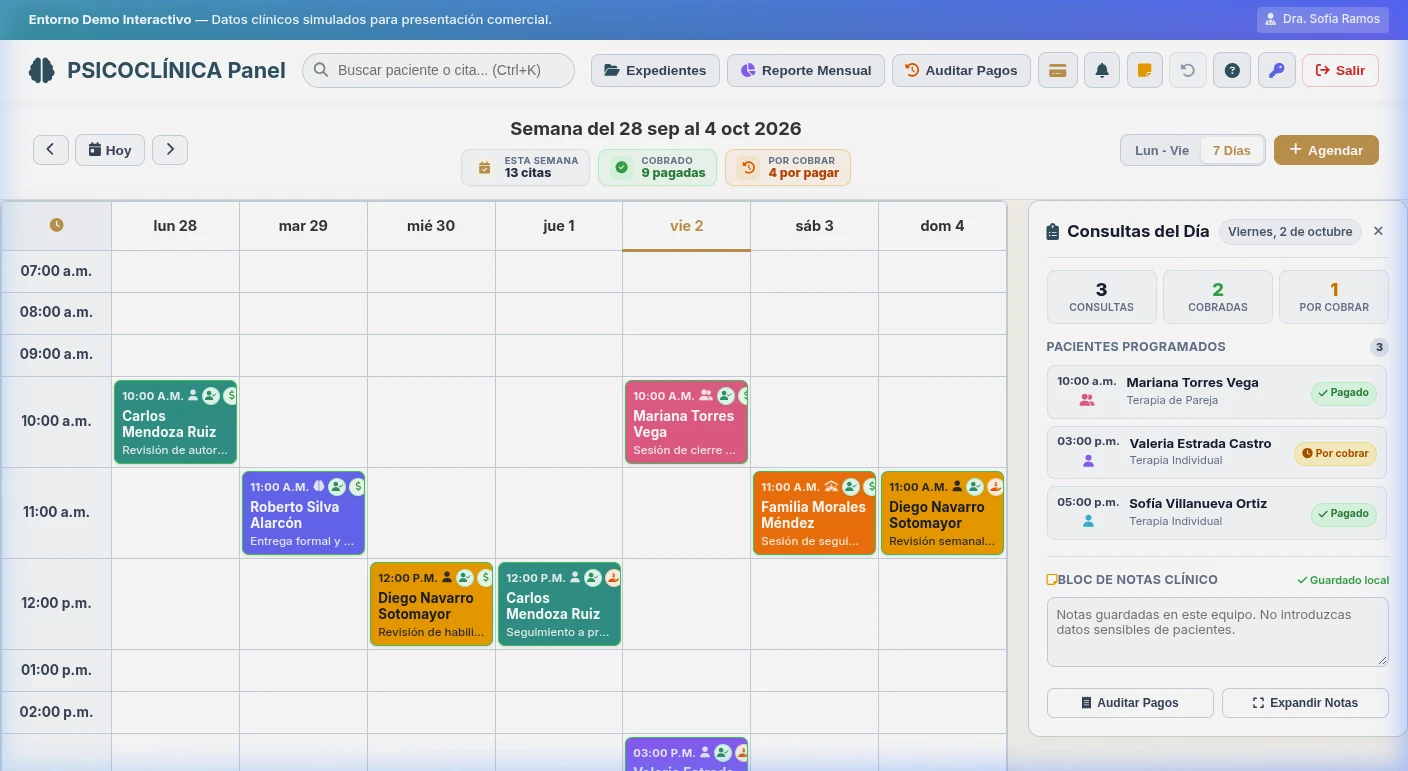 Agenda Clínica y Panel de Consultas de PsicoClínica — Software de Gestión Médica